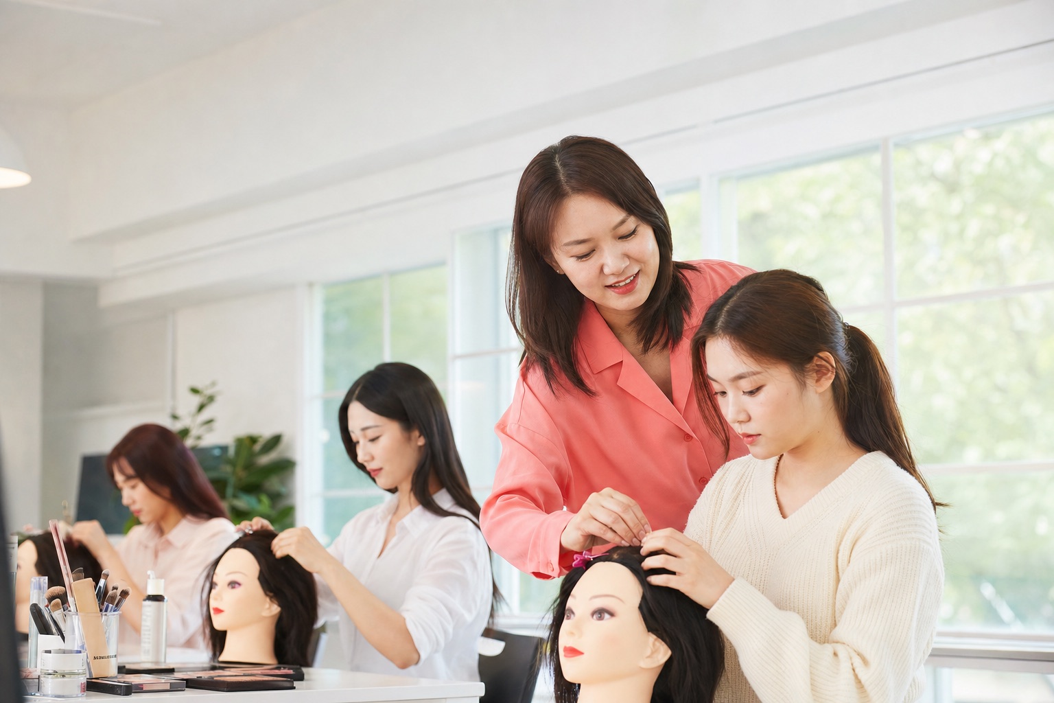 시안 2 클래스마켓 LMS 키비주얼 — 밝은 아카데미 강의실에서 강사가 학생을 지도하는 장면