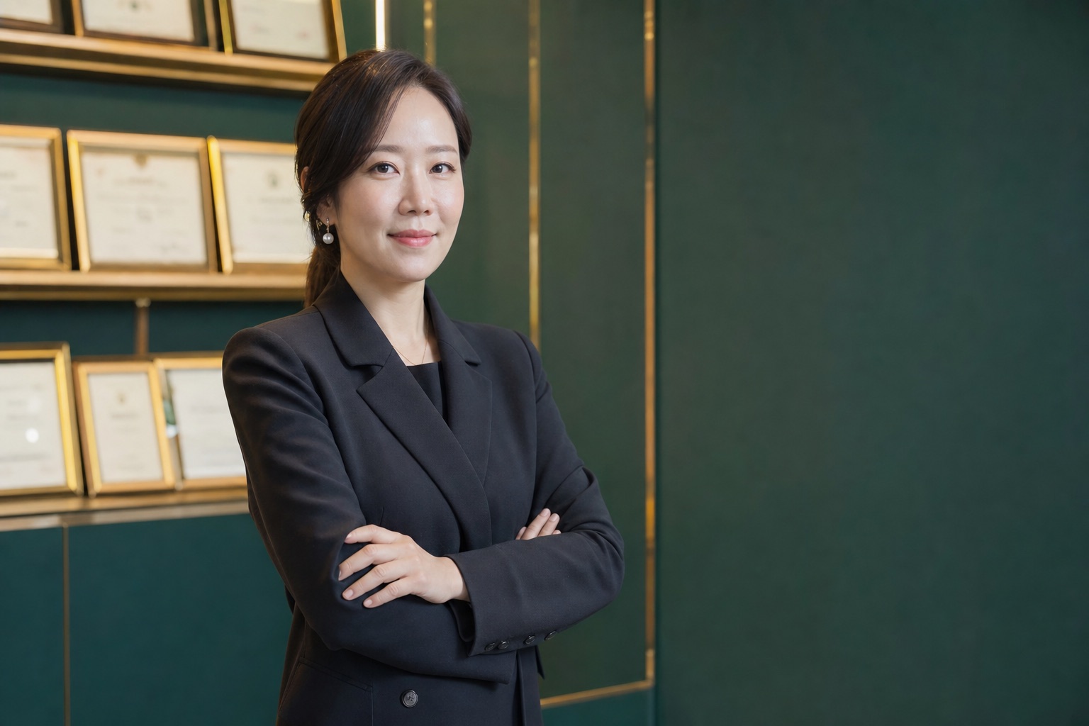 시안 3 공인 신뢰 협회 키비주얼 — 인증서를 배경으로 선 마스터 강사 포트레이트